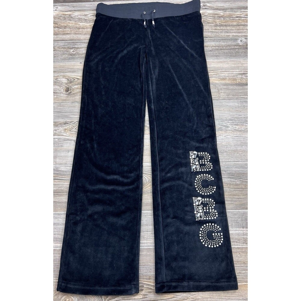 NWT BCBG Maxazaria Rhinestone Velour Track Pants Sweatpants M Black Low-Rise Y2K
